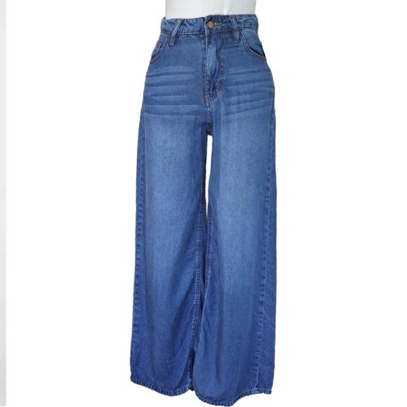 OAT New York 100% Lyocell Palazzo Wide Leg Jeans Chambray Blue Soft Trouser - Picture 6 of 9